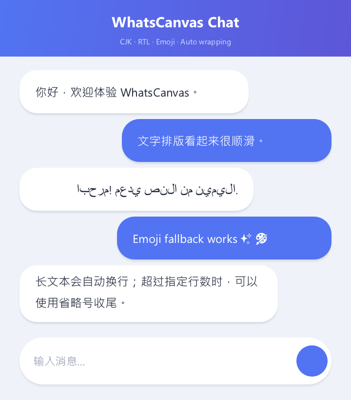 Chat UI featuring Chinese, Arabic, emoji, and auto-wrapping in one view